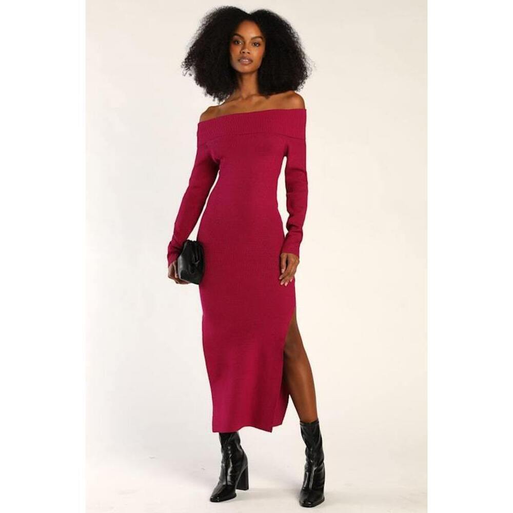 Lulus Good For Me Magenta Ribbed Off-the-shoulder Maxi Sweater Dress Pink